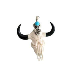 Hand-Carved Bull Skull Pendant With Turquoise Stone & Black Horns Sterling Silve